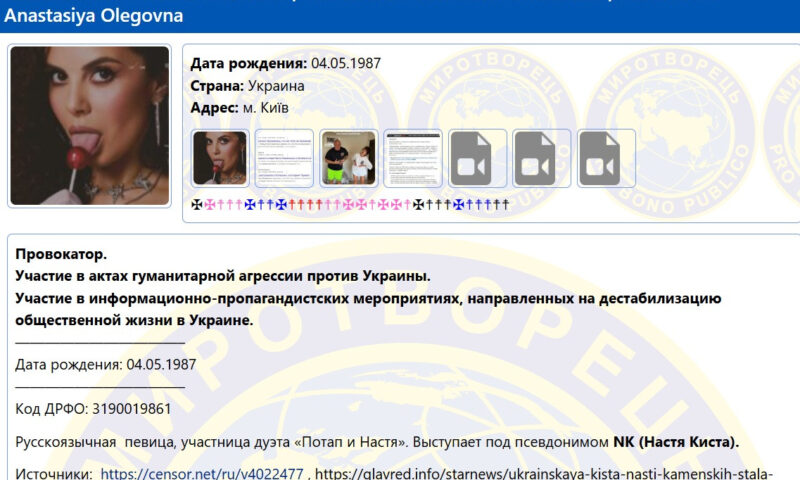 Артистку Настю Каменських включили до реєстру сайту «Миротворець»